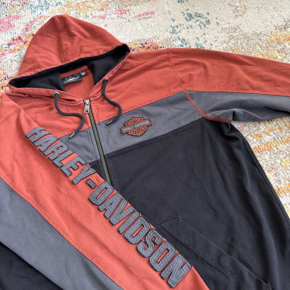 Harley-Davidson Colorblock Full Zip Hoodie Orange Black Grey XL Embroidered